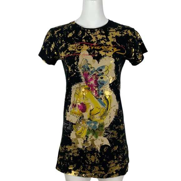 Ed Hardy Tops - Ed Hardy NWT Rare Gold Fleck Sketch T-Shirt L Black Butterfly Skull t-shirt